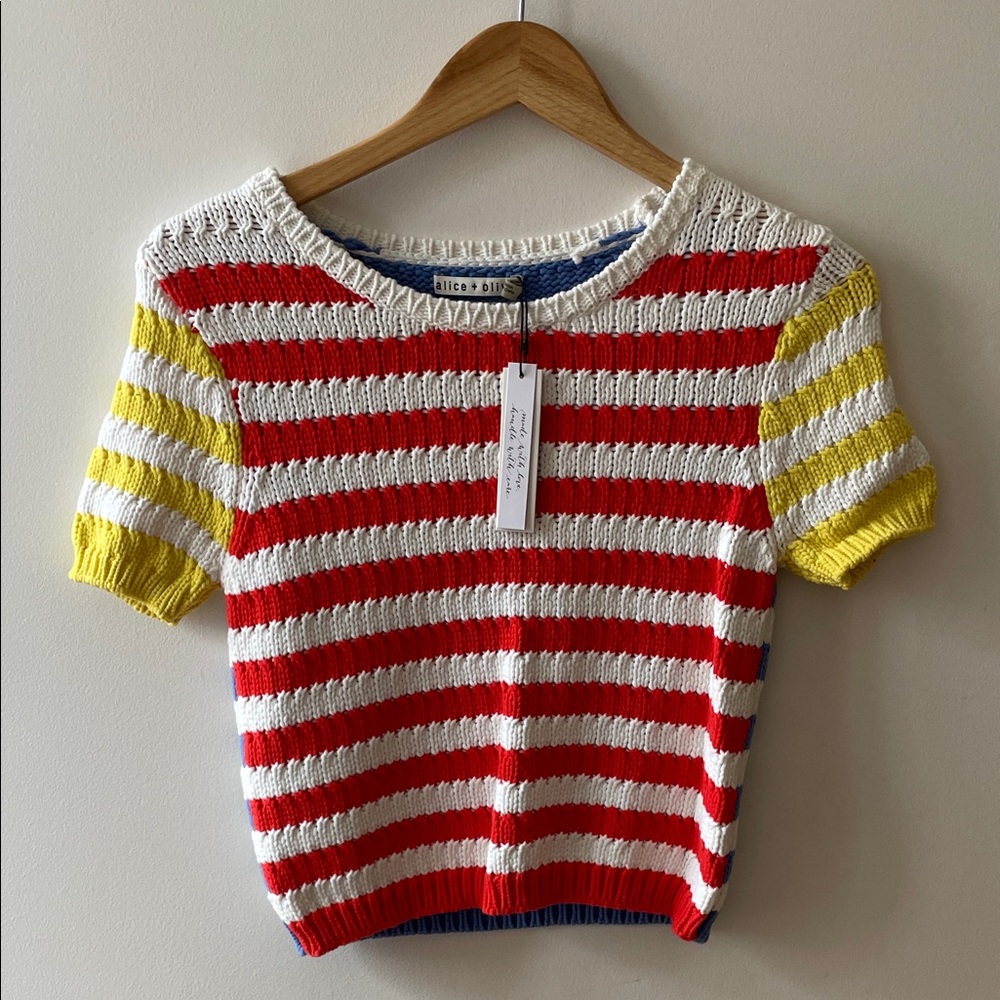 Alice + Olivia Red, White & Yellow Striped Knit Top